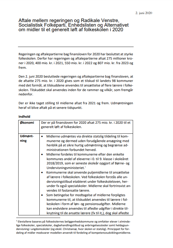 Aftale Om Midler Til Et Generelt Løft Af Folkeskolen I 2020 - Regeringen.dk