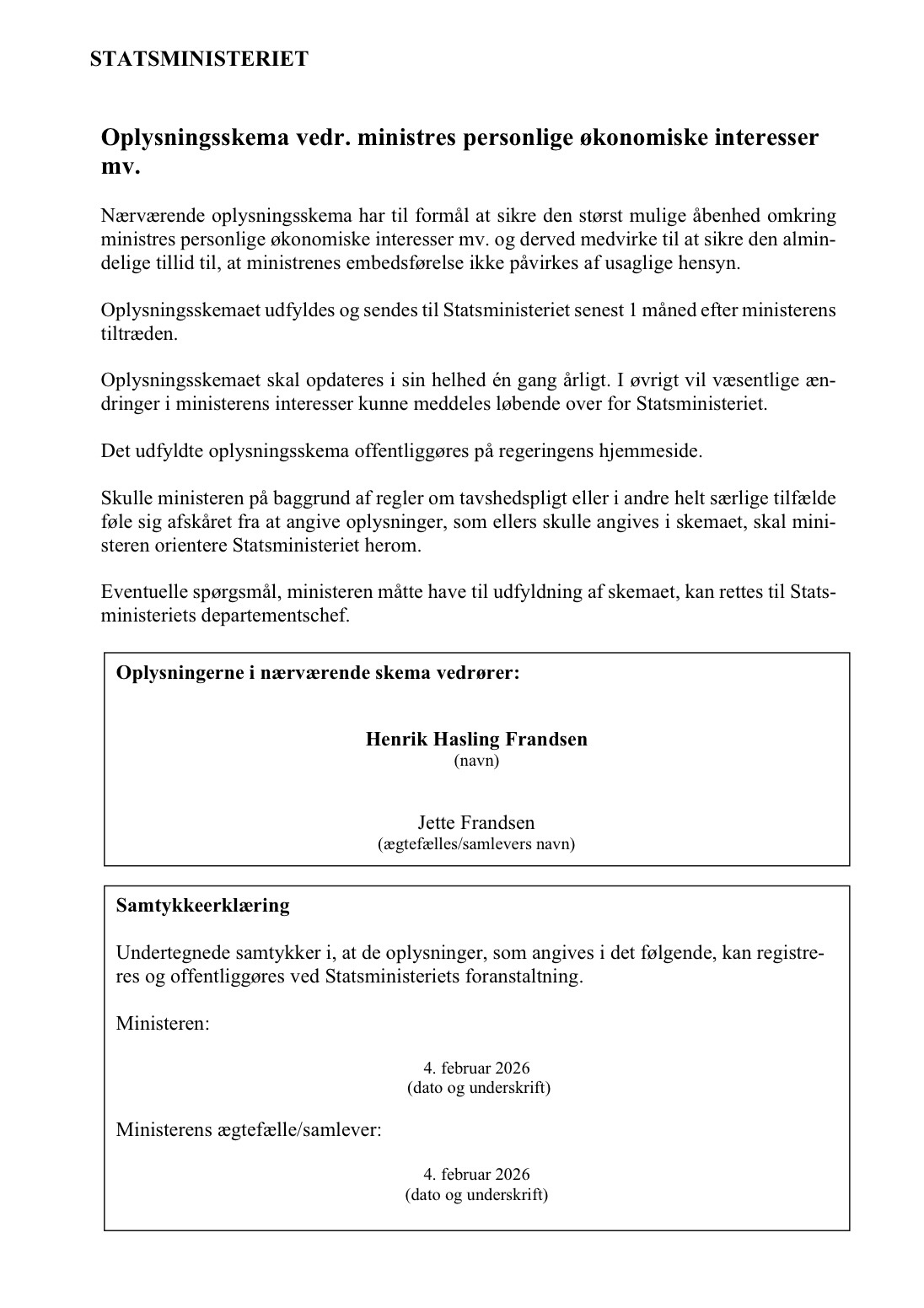 Forside af ældreministerens oplysningsskema