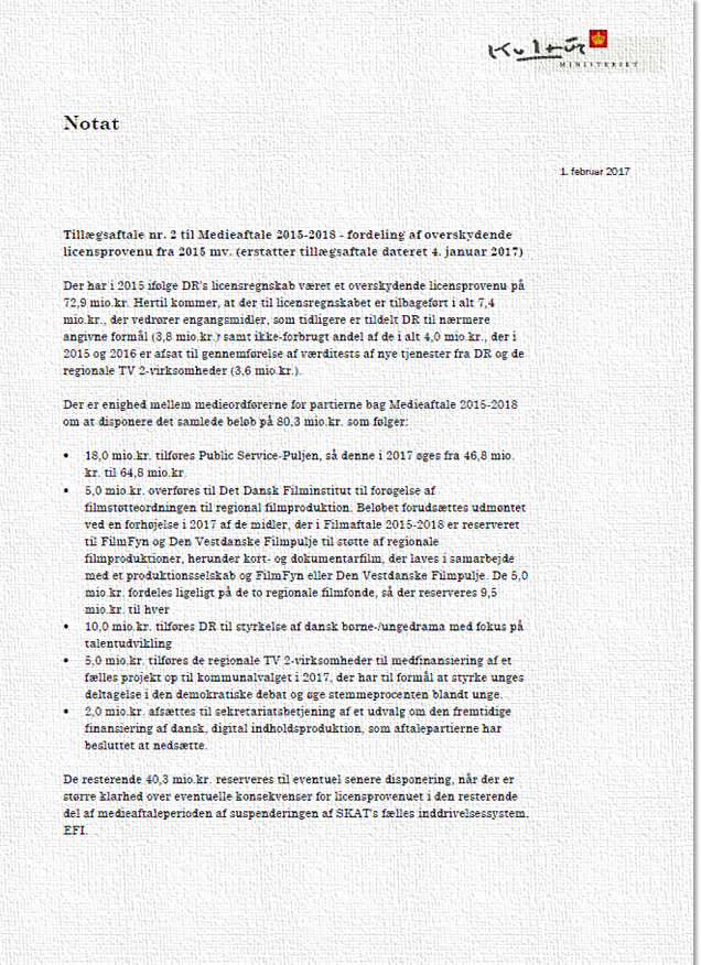 Tillægsaftale til Medieaftale 2015-2018