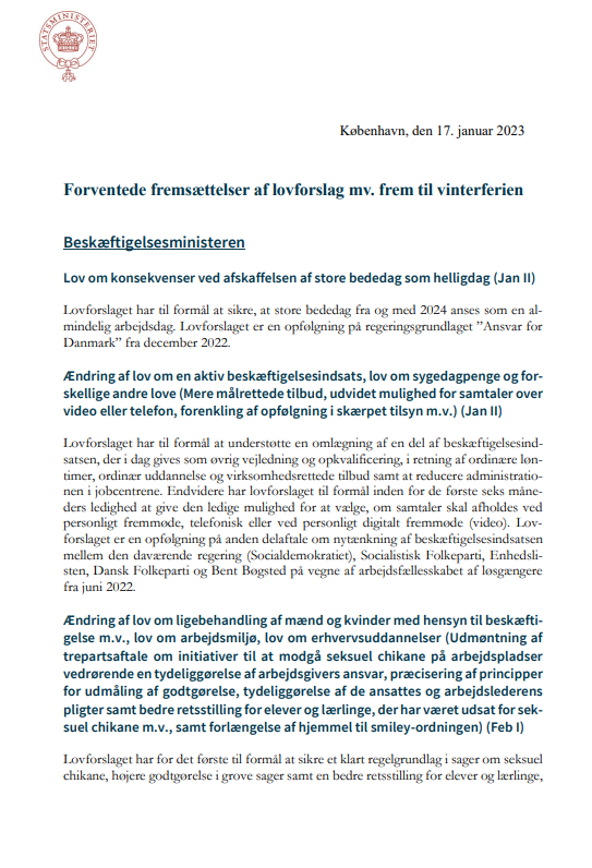 Forside til froventede fremsættelse af lovforslag m.v. frem til vinterferien 2023